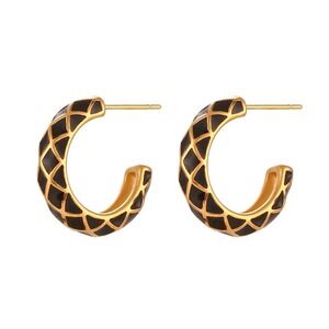 Black Geometric Pattern Hoop Earrings 18K Gold Plated Stainless